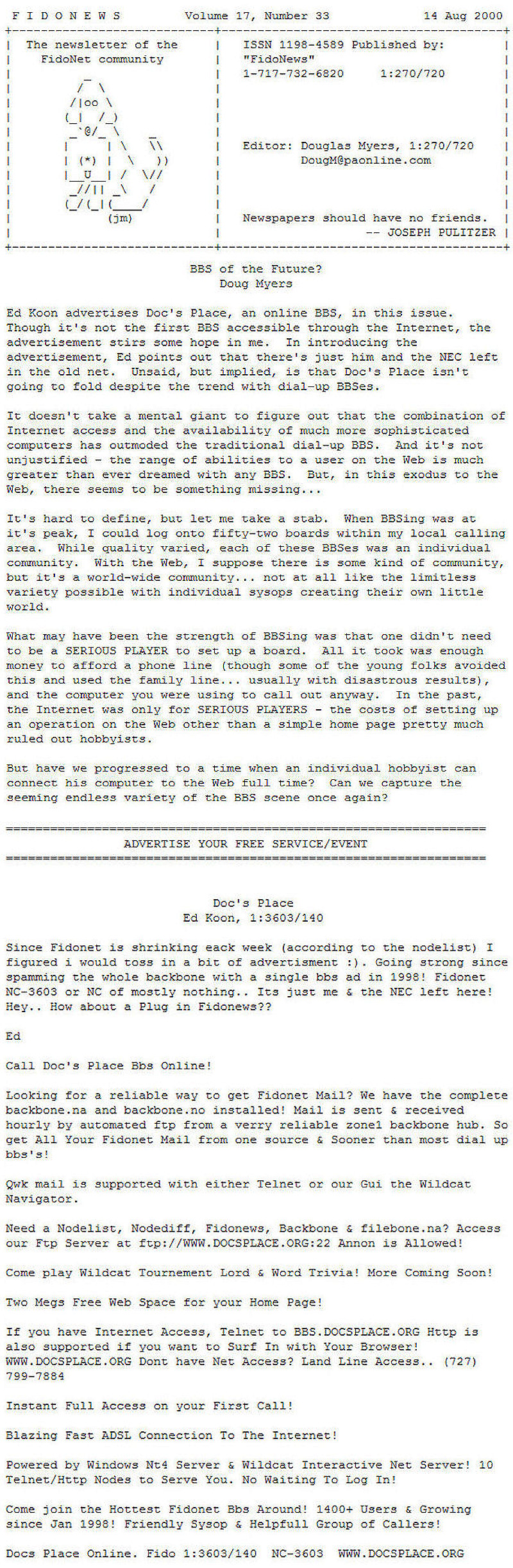 Fidonews Archive 08/14/2012 | Doc's Place BBS Online Fido News BBS Advertisement