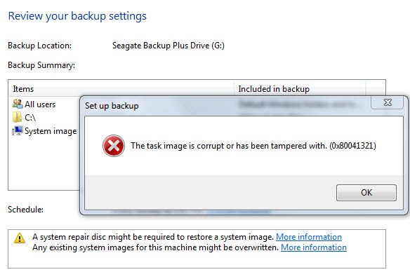 Windows Backup Task Image Error