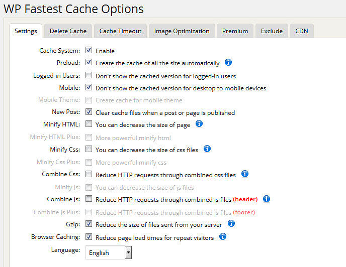 WP Fastest Cache Config Options