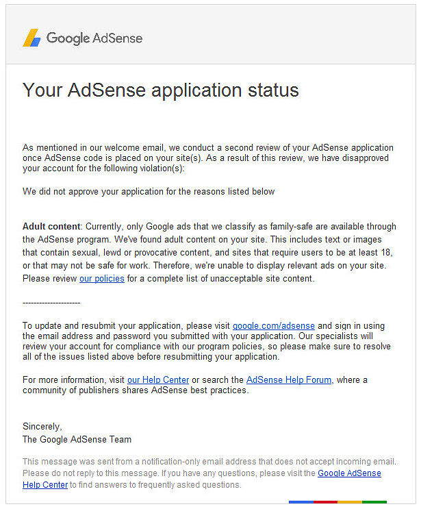 AdSense Denial Letter 1