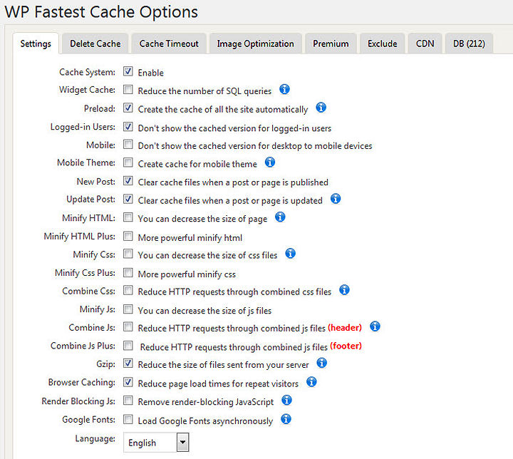 WP-Fastest Cache Preferred Options Settings