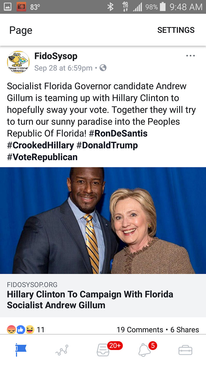 Andrew Gillum Hillary Clinton FB Post