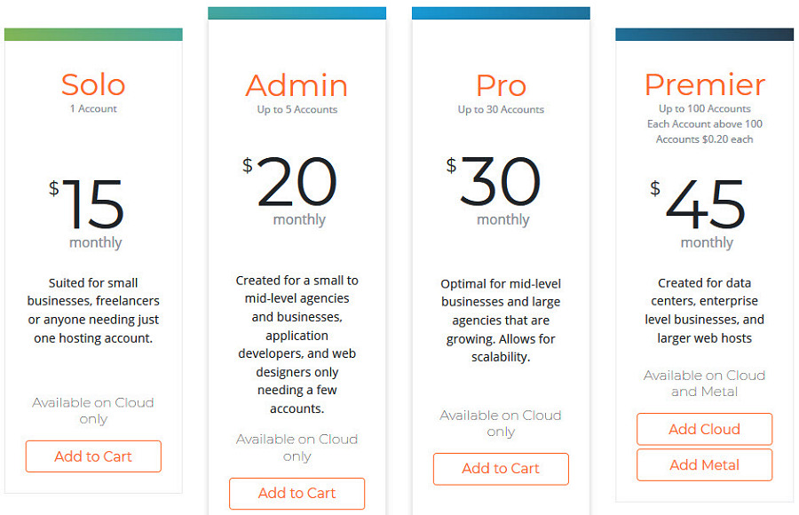 cpanel tier pricing chart