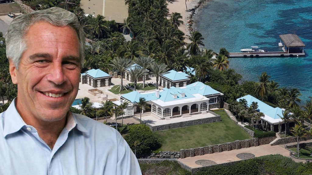 Jeffery Epstein photo superimposed on drone video of pedophile island mansion 