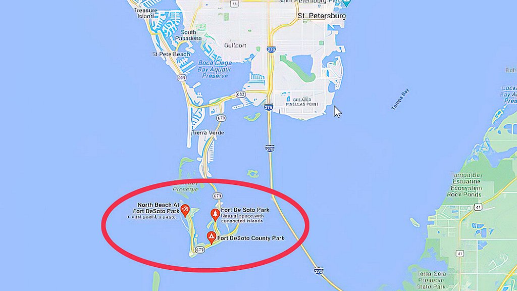 Arial map of Fort Desoto Park in Pinellas County Florida, Brian Laundrie sighting.