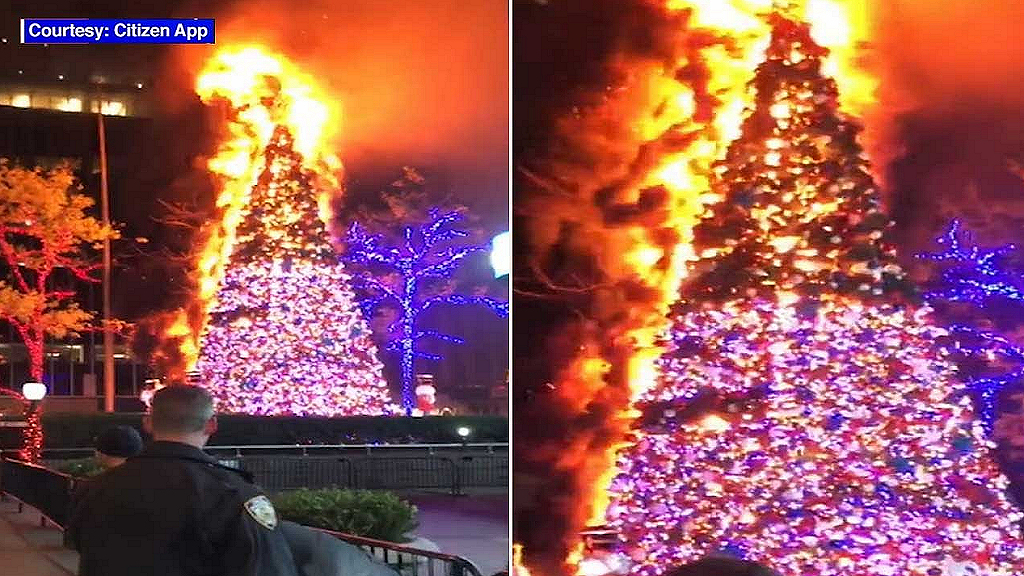 Fox News NYC Christmas tree burns to the ground. Homeless man arrested. Image credit, Citizens APP.